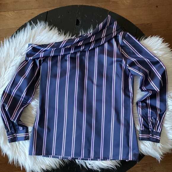 BANANA Republic Long-sleeve One Shoulder Striped Blouse - Purple/Navy Combo - Picture 11 of 13
